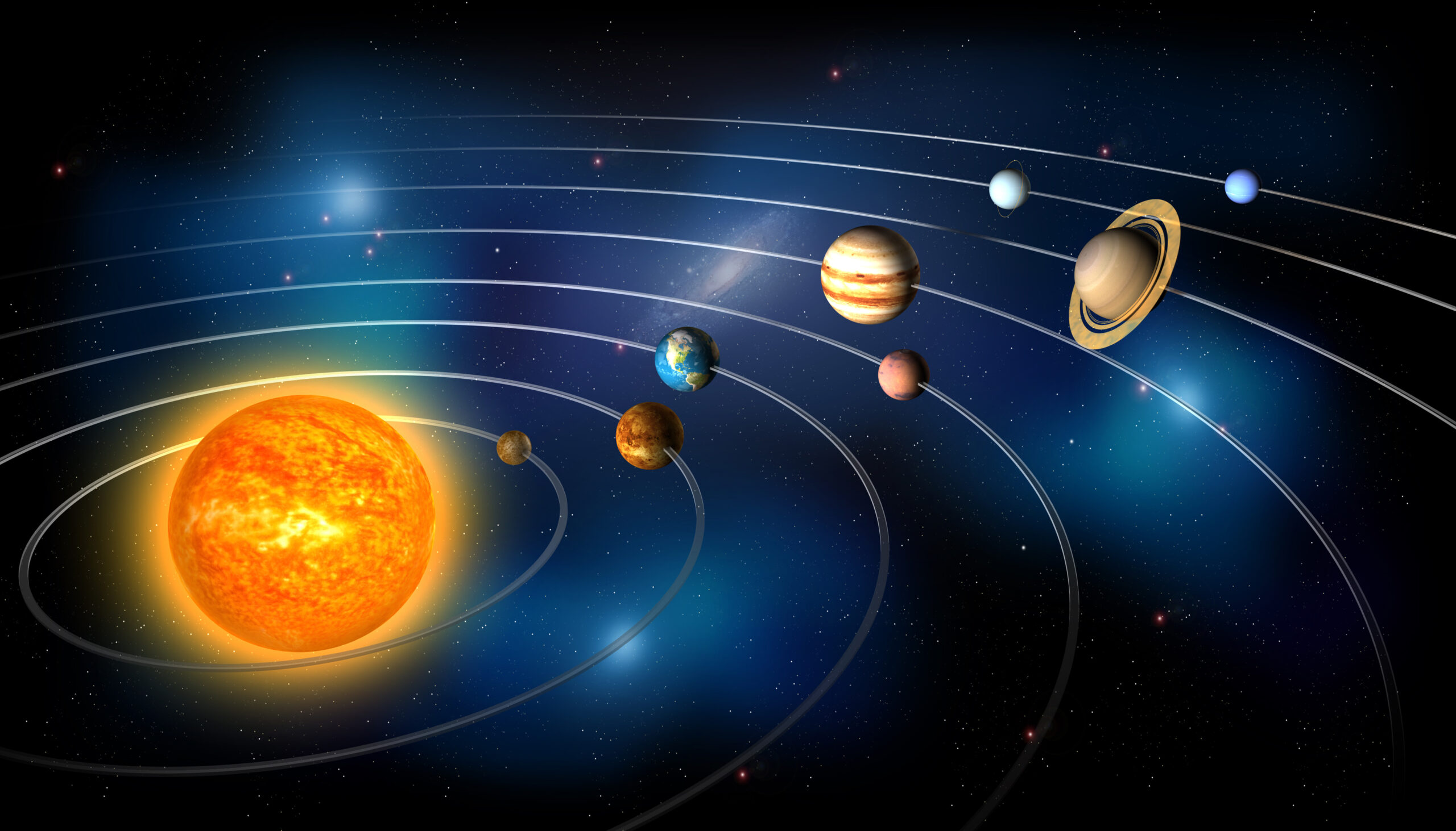 A graphic image of our Solar System, featuring each of the different planets orbiting the sun.