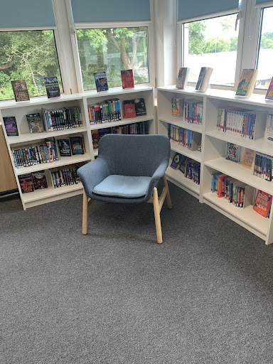 A photo of a chair in front of a corner bookcase featuring a wide range of different titles in the Library.