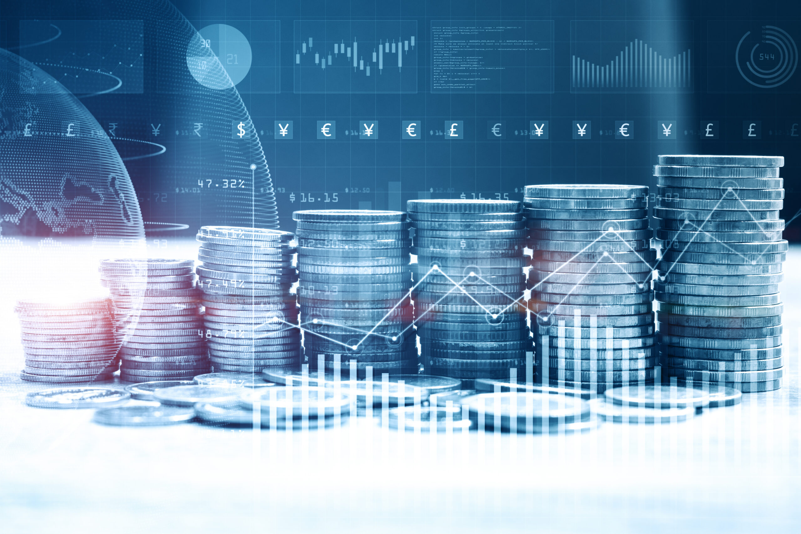 3D rendering showing stacks of coins against a backdrop of trading graphs and financial diagrams.
